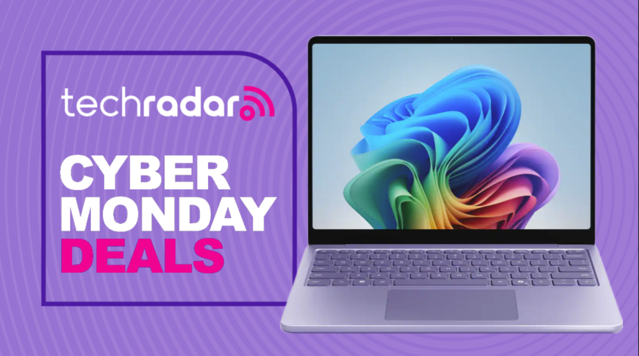 A Microsoft Surface Laptop 13in on a purple background next to a TechRadar badge reading 'Cyber Monday deals'