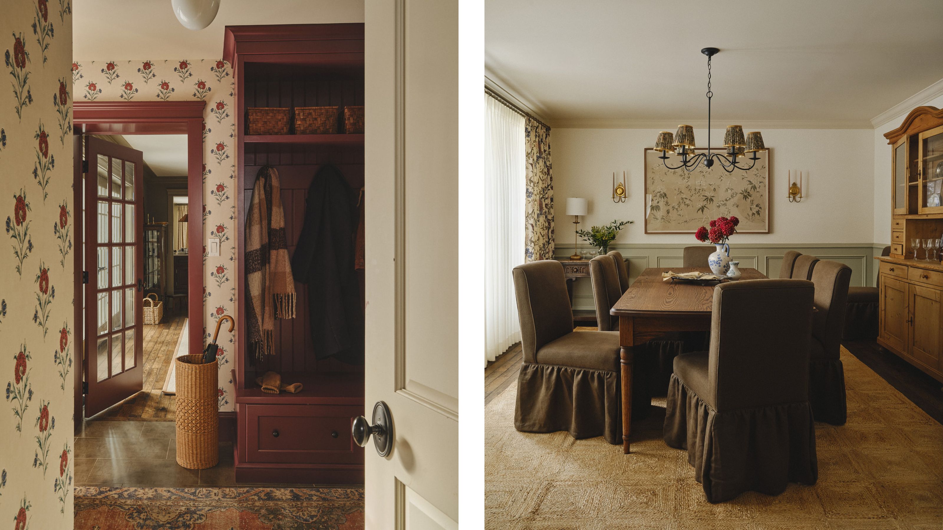 two side by side images of a floral and burgundy red entry on the left and a layered vintage dining room on the right with chocolate ruffled skirted chairs