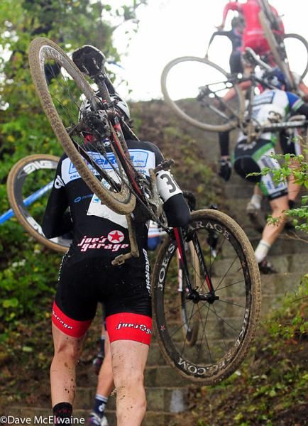Racers climb a long set of granite steps