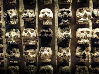 A stone wall with skull carvings found at the Templo Mayor in Zocalo, Mexico City.