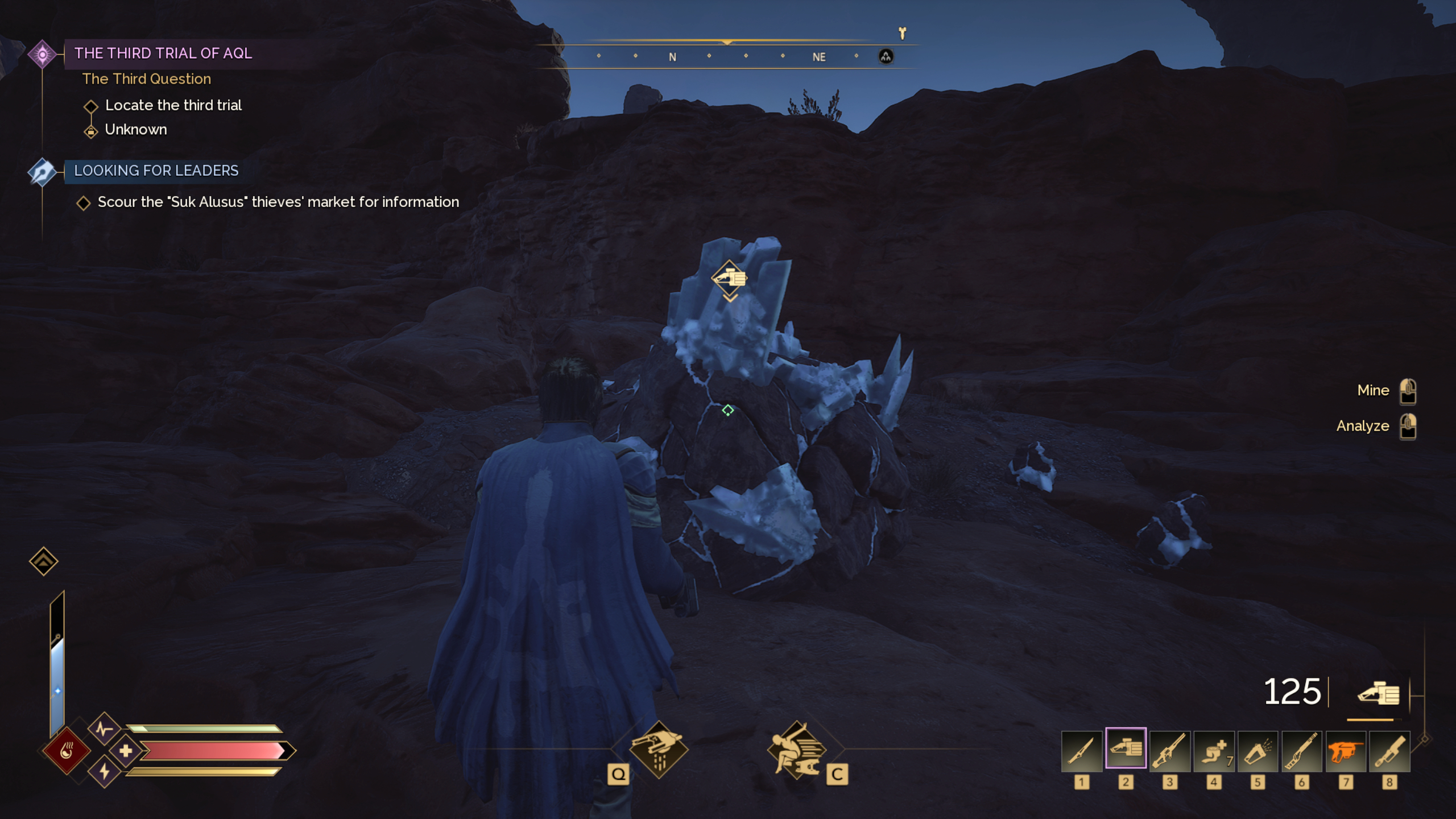 Dune: Awakening carbon ore locations - A character at night looking at a rock with white crystals, carbon, sticking out of it.