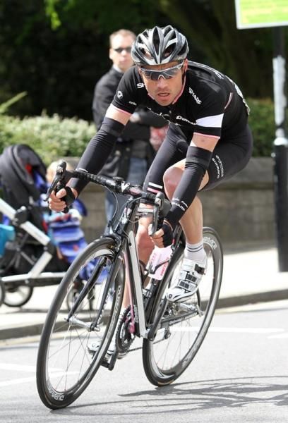 Chris Newton (Rapha Condor Sharp) on the attack out of the city with four laps to go.