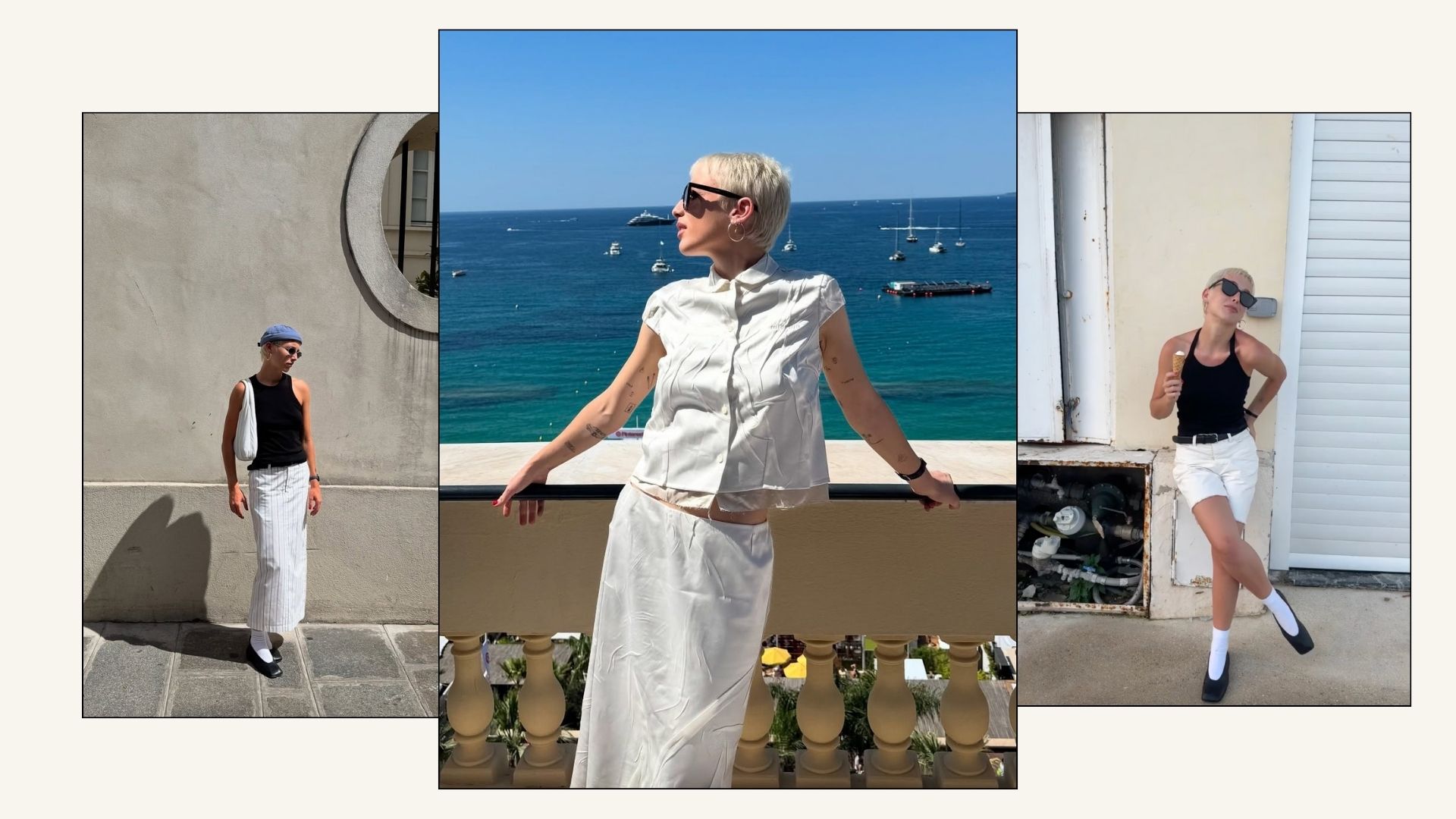 @emmachamberlain wears white skirts, black ballet flats and short-sleeve blouses in the South of France.