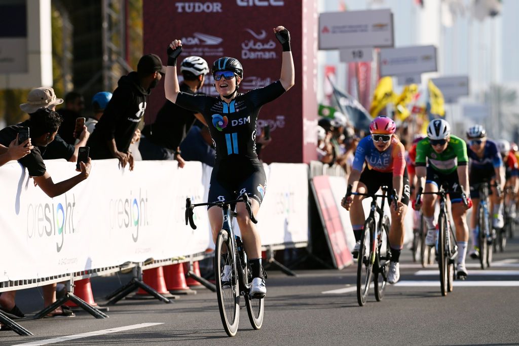 ABU DHABI UNITED ARAB EMIRATES FEBRUARY 12 Charlotte Kool of The Netherlands and Team DSM celebrates at finish line as stage winner during the 1st UAE Tour Women 2023 Stage 4 a 119km stage from Fatima Bint Mubarak Ladies Sports Academy to Abu Dhabi Breakwater UAETourWomen UCIWWT on February 12 2023 in Abu Dhabi United Arab Emirates Photo by Tim de WaeleGetty Images