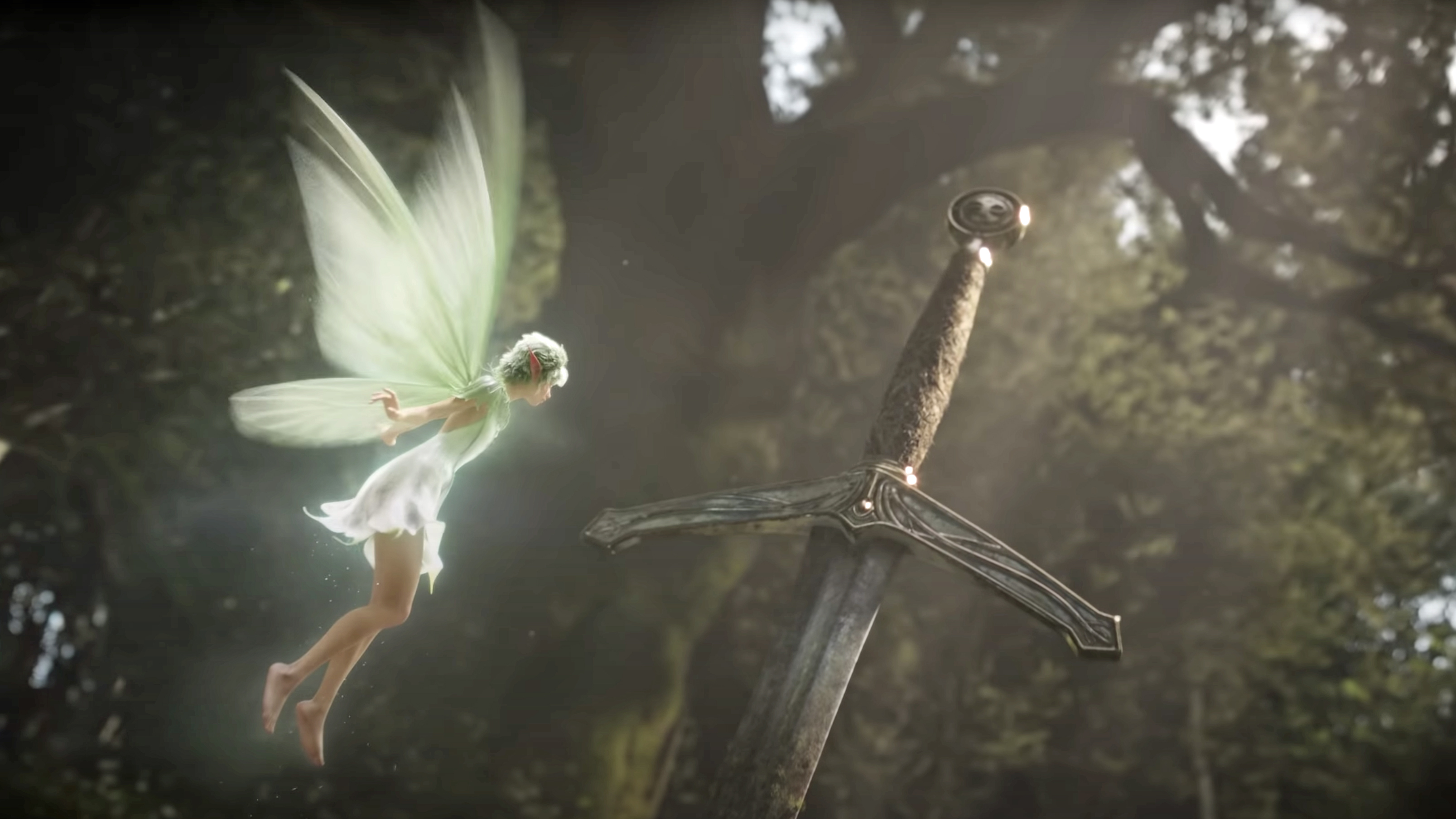 A fairy hovers near the sword