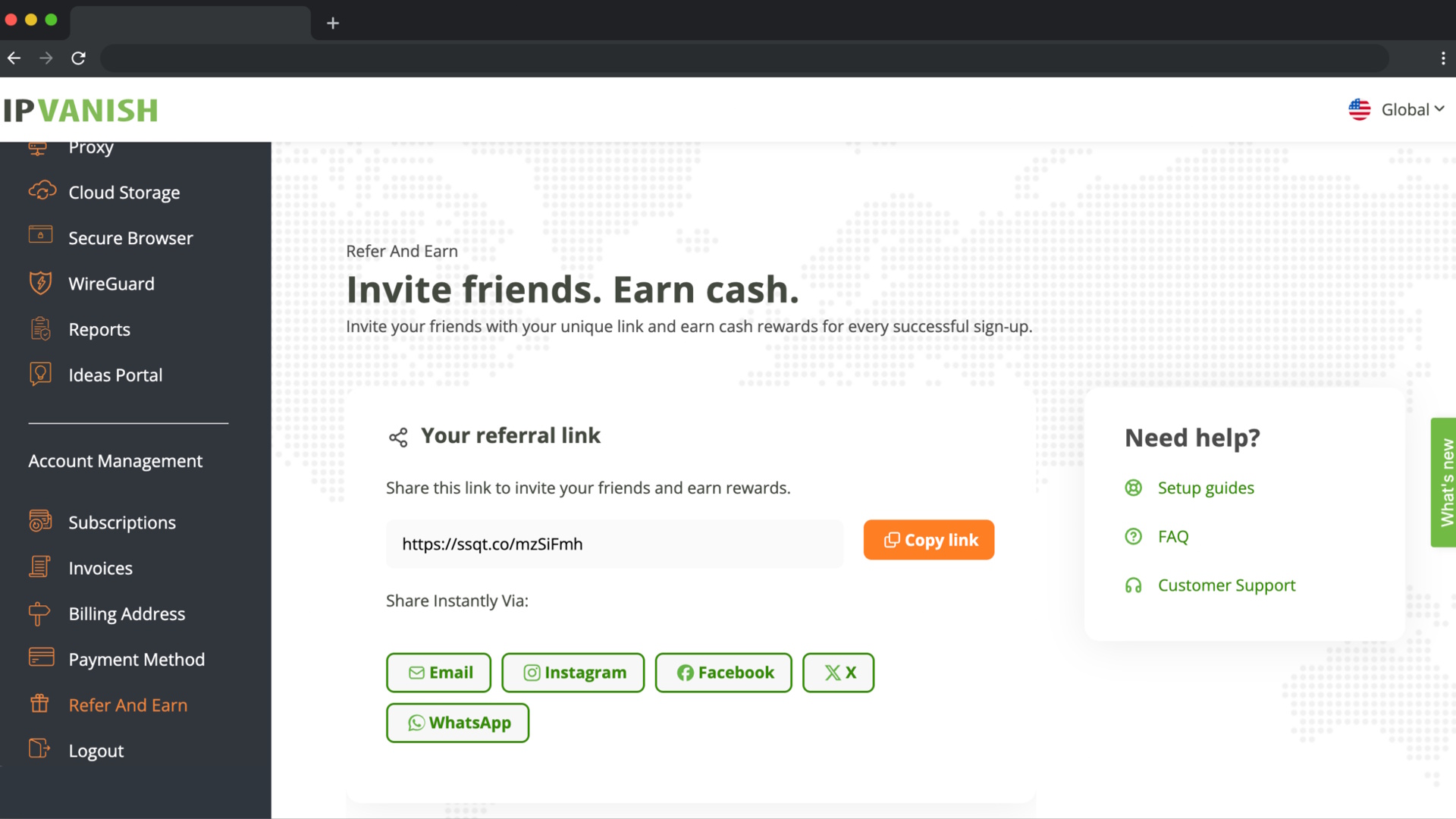 The IPVanish dashboard showing the user's referral link for the VPN provider's Refer-a-Friend program.