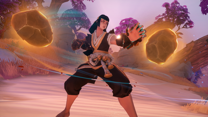 A promotional screenshot of Fellowship. An unarmed warrior woman with glowing rocks orbiting her stands ready to fight on a sandy beach. Her black keikogi is tied at the waist with a large rope.