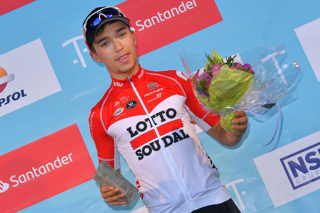 Bjorg Lambrecht on the podium at Tour des Fjors in 2018