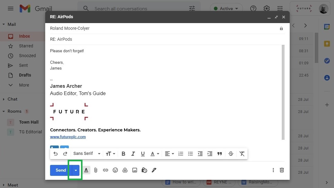 How to schedule an email in Gmail on desktop step 1: Click blue button with downwards arrow, next to the Send button