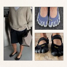 A woman wearing a cream v neck sweater, black shorts, and black shoes, Vibram purple shoes, black Vibram shoes 