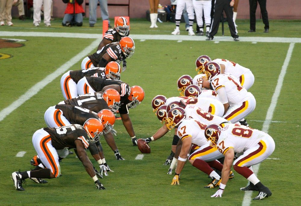 The Washington Redskins (shown here defending against the Cleveland Browns in 2008) have been a flashpoint for the controversy surrounding Native American mascots.