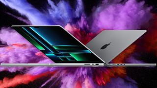 MacBook Pro 2023 14- and 16-inch models on explosive colour background