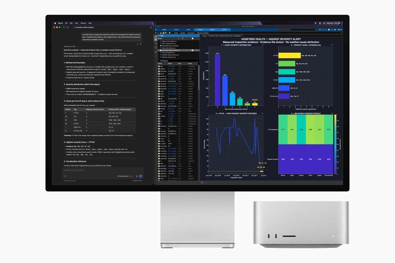 The Apple Mac Studio with M5 Ultra chip pictured against a white background with desktop monitor showing data analysis tools.