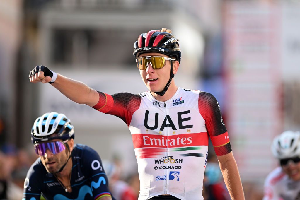 VARESE ITALY OCTOBER 04 Tadej Pogacar of Slovenia and UAE Team Emirates celebrates at finish line as stage winner during the 101st Tre Valli Varesine 2022 a 1963km one day race from Busto Arsizio to Varese 377m TreValliVaresine on October 04 2022 in Varese Italy Photo by Dario BelingheriGetty Images