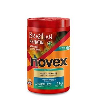 A new, unopened jar of Novex Brazilian Keratin Deep Conditioning Mask, 35.3 Oz - Reconstructive Keratin, Frizz Control & Damage Repair against a white background.