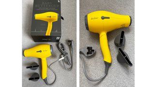 Two adjacent images of the Drybar Baby Buttercup Travel Blow-Dryer shown with its box and attachments (left) and a closer view of the dryer with the attachments (right)