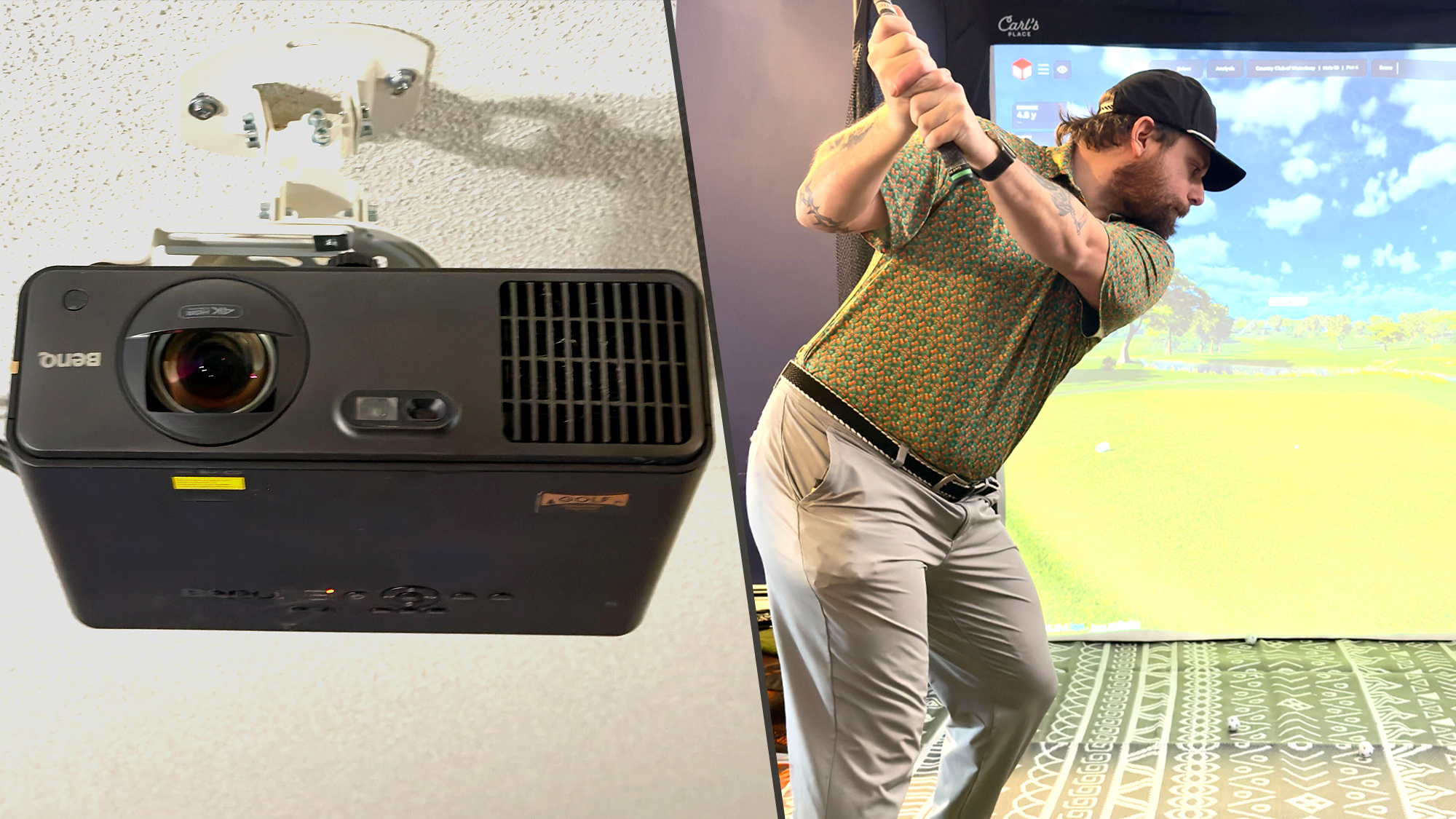 Projector and golfer side by side