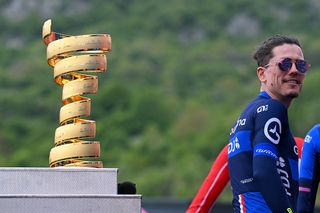 CASTEL DI SANGRO ITALY MAY 16 David Gaudu of France and Team Groupama FDJ with the Trofeo Senza Fine prior to the 108th Giro dItalia 2025 Stage 7 a 168km stage from Castel di Sangro to Tagliacozzo Marsia 1424m UCIWT on May 16 2025 in Castel di Sangro Italy Photo by Tim de WaeleGetty Images