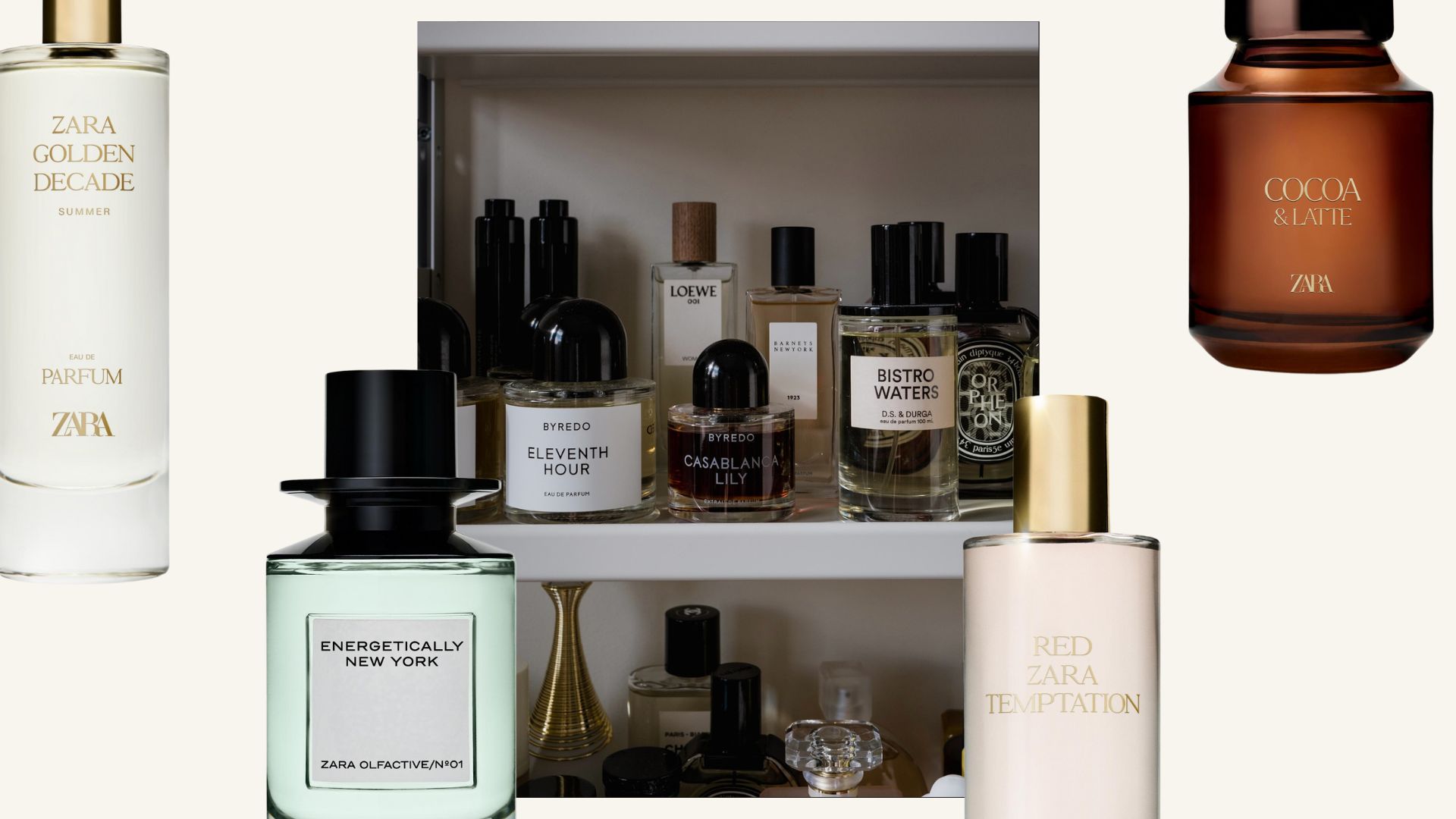 Graphic with picture of perfume collection with graphics of Zara perfumes