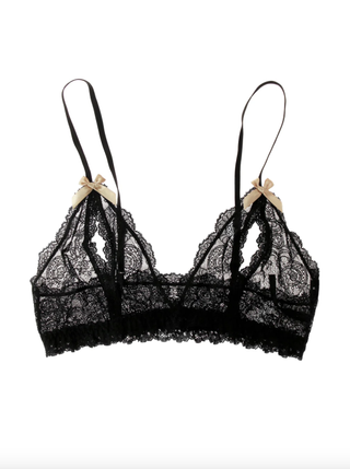 a black lace bralette on a plain backdrop