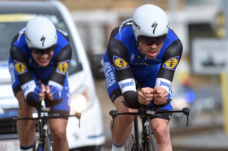 The Etixx-Quick Step riders slip into team time trial mode