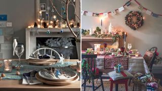 Composition image of two christmas dining tables with rustic table decorations