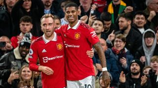 Christian Eriksen and Marcus Rashford celebrate after combining to score Manchester United's winner against West Ham.
