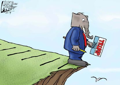 Political cartoon U.S. Republican party cliff Donald Trump 2016