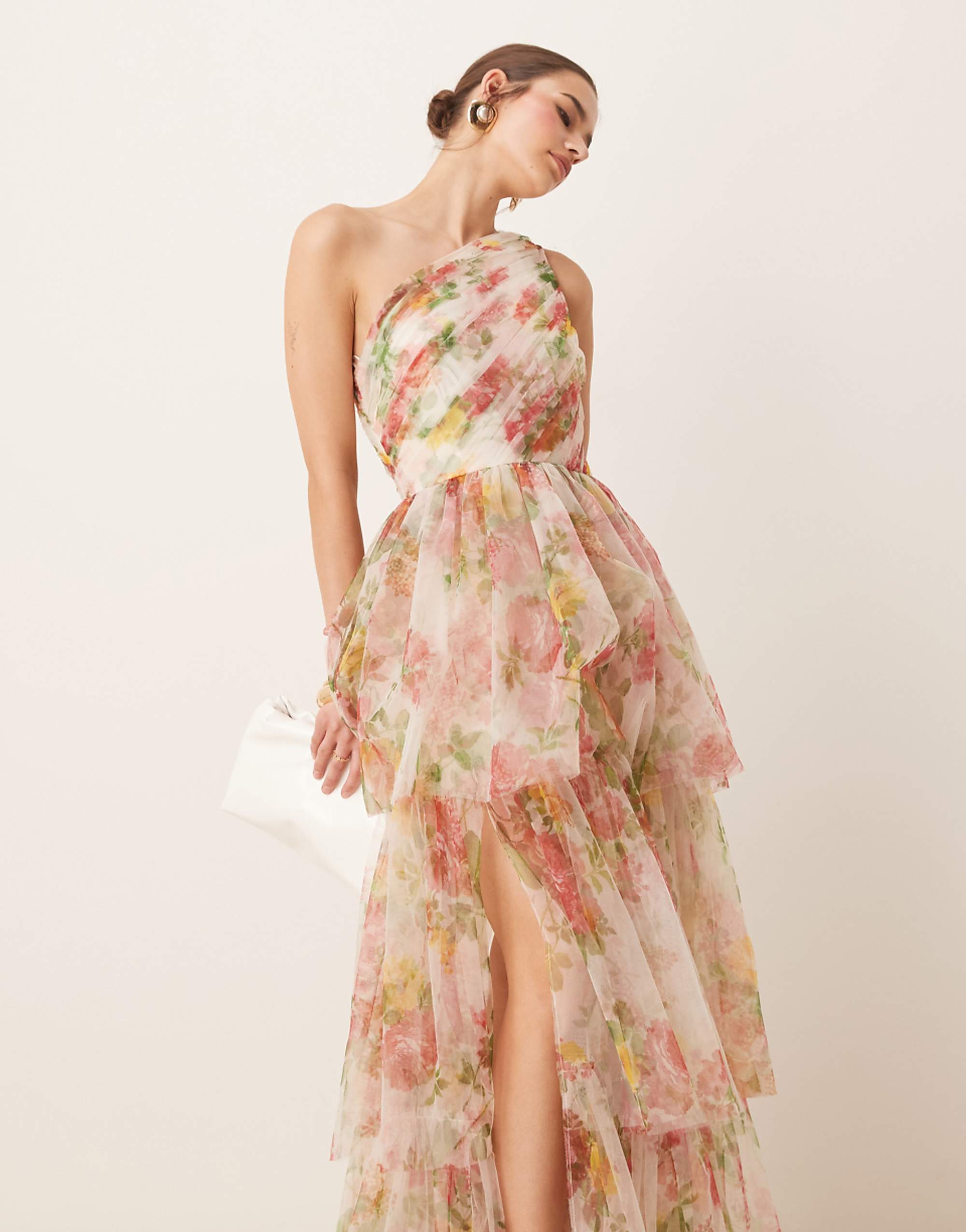 Lace &amp;amp; Beads One Shoulder Tiered Tulle Maxi Dress in Bright Floral