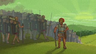 A pixel-art centurion looks on as his men march by.