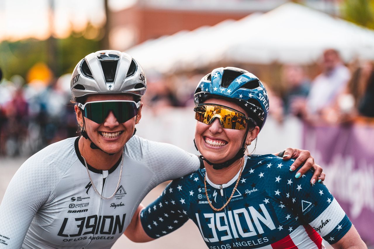 L39ion of Los Angeles riders celebrate going 1-2 in the women&rsquo;s pro race at 2024 Sunny King Criterium - winner Lizbeth Salazar (left) and runner-up Kendall Ryan