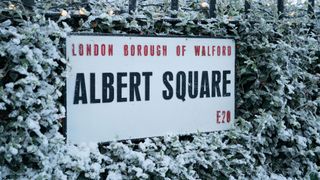 Albert Square sign covered in snow in EastEnders 