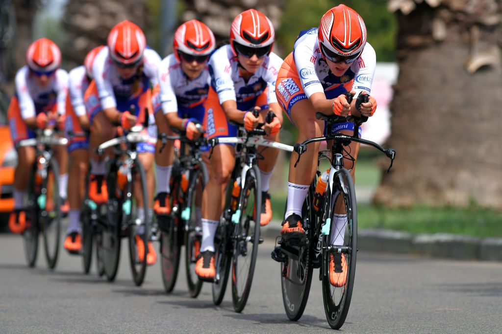 GROSSETO ITALY SEPTEMBER 11 Michela Balducci of Italy Giorgia Bariani of Italy Elisa Dalla Valle of Italy Greta Marturano of Italy Debora Silvestri of Italy and Laura Tomasi of Italy and Team Top Girls Fassa Bortolo during the 31st Giro dItalia Internazionale Femminile 2020 Stage 1 a 168km Team Time Trial from Grosseto to Grosseto TTT GiroRosaIccrea GiroRosa on September 11 2020 in Grosseto Italy Photo by Luc ClaessenGetty Images