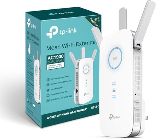 Tp-Link Re550 Ac1900 Wifi Extender Booster, Dual Band Wifi Booster, 3 Antennas, Gigabit Ethernet Port, Intelligent Monitor, Ap Mode, App Control, Ultimate Compatibility Wifi Mesh, Easy Setup