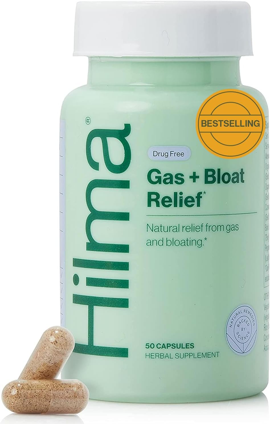 Hilma Natural Gas and Bloating Relief for Women, Doctor Formulated With Organic Ingredients, Lemon Balm, Fennel and Peppermint Leaf, 50 Vegan Capsules