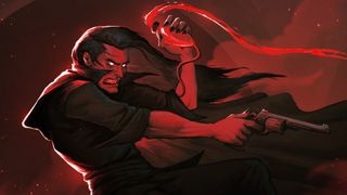 Key art for Blood Vial showing a vampire with a revolver and the titular leaking vial.
