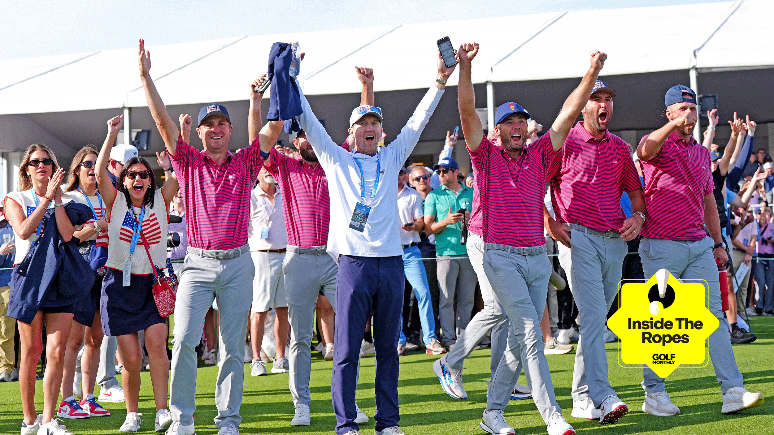 Team USA celebrate at the 2026 Presidents Cup with an Inside The Ropes sticker in the bottom right