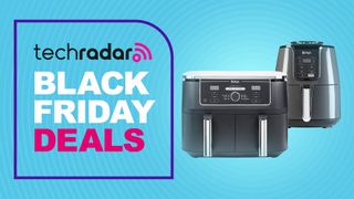 Two Ninja air fryers on blue background with text reading "TechRadar Black Friday deals"