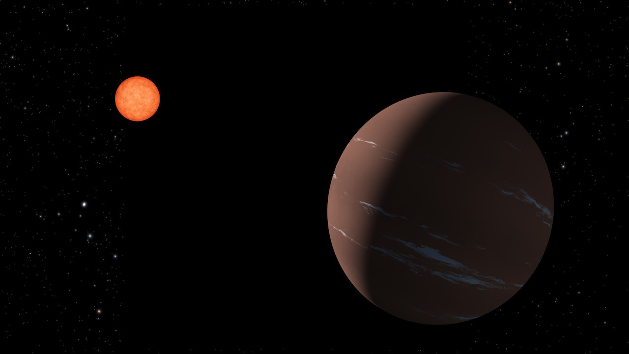 An illustration of TOI-715b. It features a brown planet with white striations against a dark starry sky, with a small orange star in the distance.