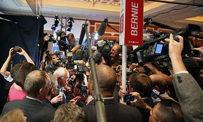 Reporters trying to reach Bernie Sanders in the spin room