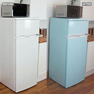 white and blue fridge coloured