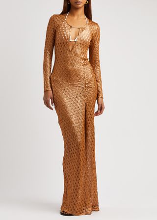 Metallic-Weave Open-Knit Maxi Dress