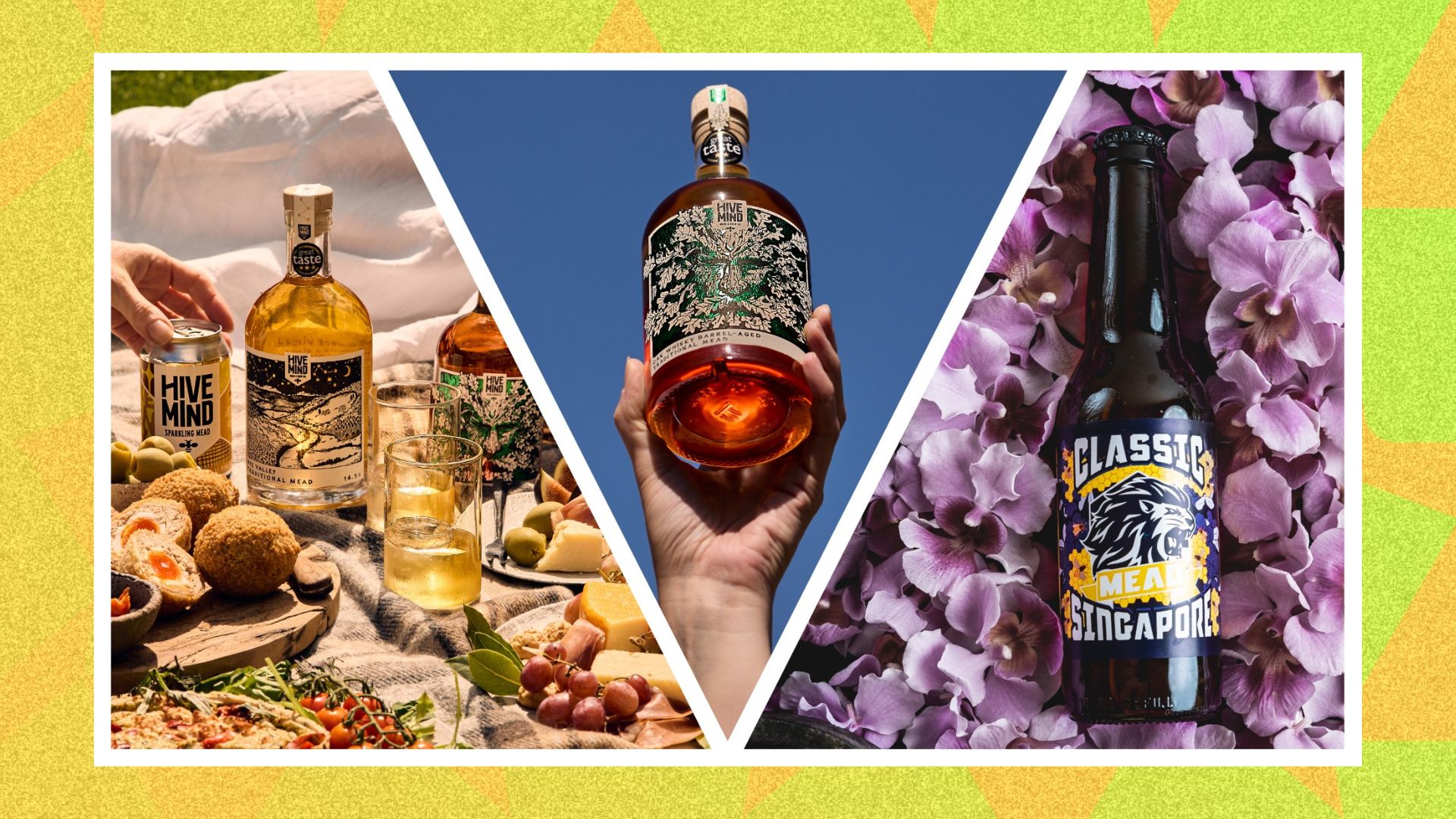 A selection of meads in collage against a yellow and orange patterned background