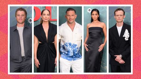 From L-R an image of: Johnny Flynn, Joanne Froggatt, Tom Hardy, Mandeep Dhillon, and Anson Boon all attending the UK premiere for MobLand season two in London