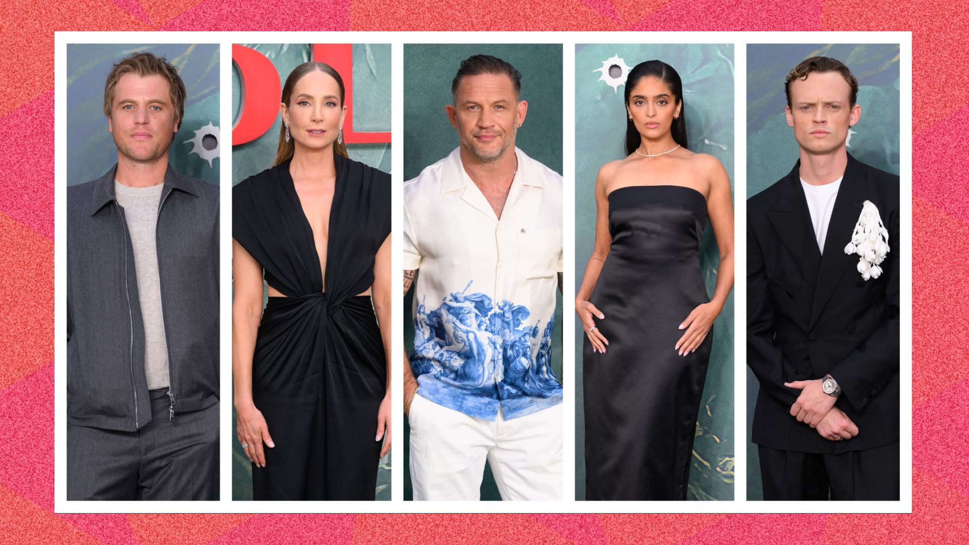 From L-R an image of: Johnny Flynn, Joanne Froggatt, Tom Hardy, Mandeep Dhillon, and Anson Boon all attending the UK premiere for MobLand season two in London