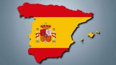 Map of Spain filled with the red and yellow stripes of the national flag and the national coat of arms