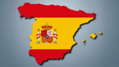 Map of Spain filled with the red and yellow stripes of the national flag and the national coat of arms