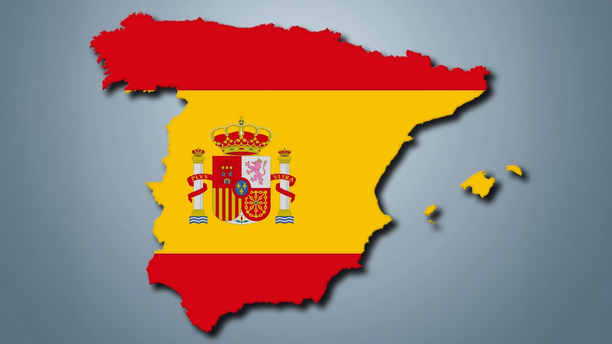 Map of Spain filled with the red and yellow stripes of the national flag and the national coat of arms