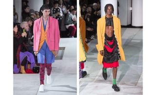 Two images of male models wearing clothing by Comme des Garçons Homme Plus in colourful shades.