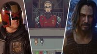 Dredd from film Dredd next to a cyberpunk guy at a store next to Johnny Silverhand from Cyberpunk 2077